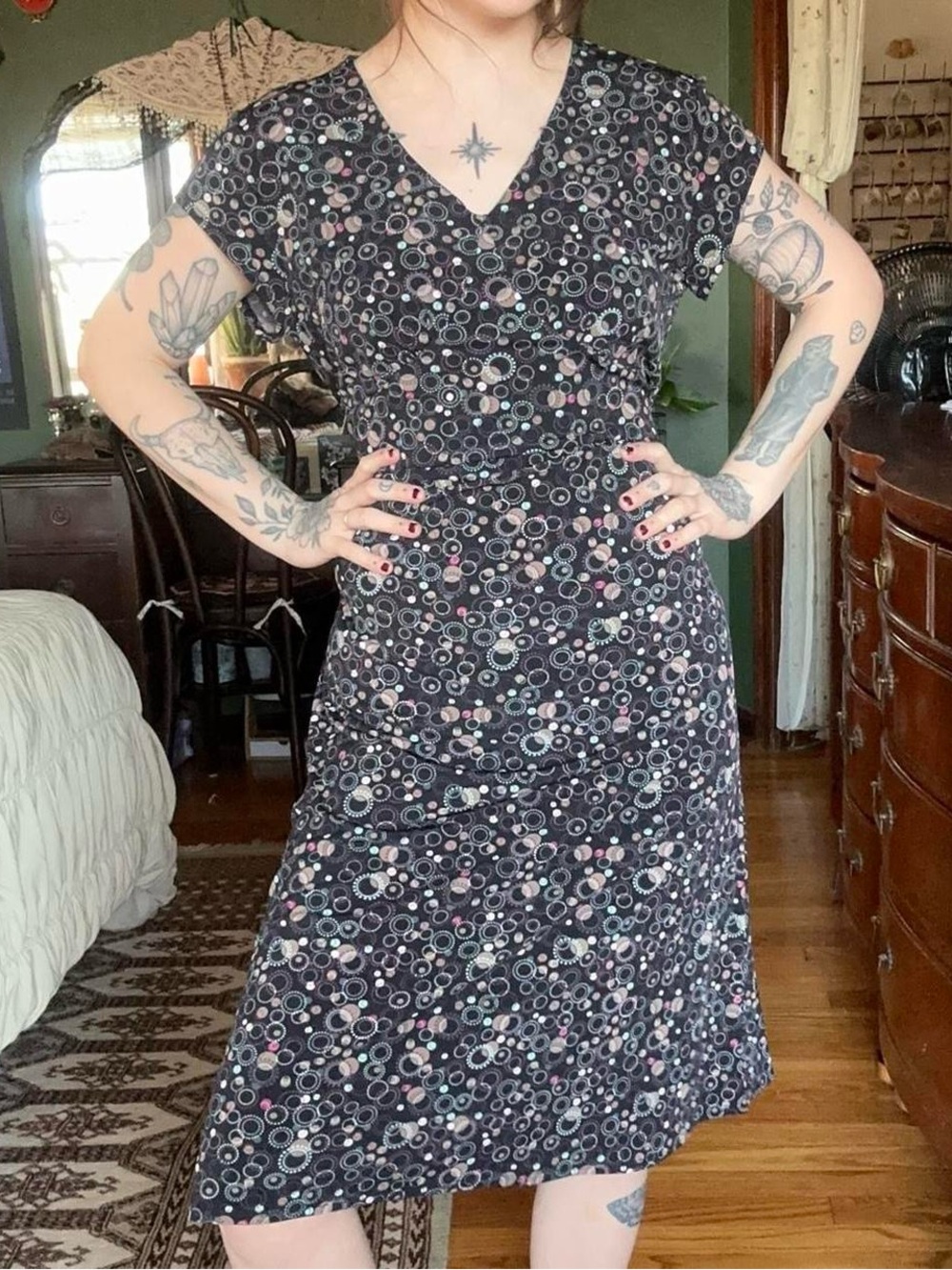 Christopher & Banks Black V‑Neck Midi Dress with Multidot Print